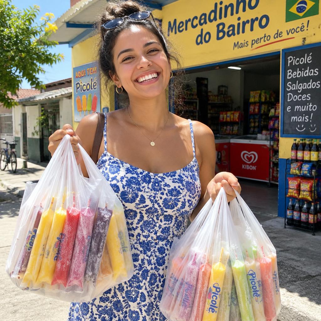 Mulher sorridente carregando sacolas cheias de picolés