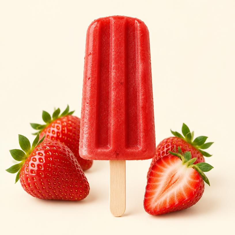 Picolé vermelho de fruta ao lado de morangos frescos