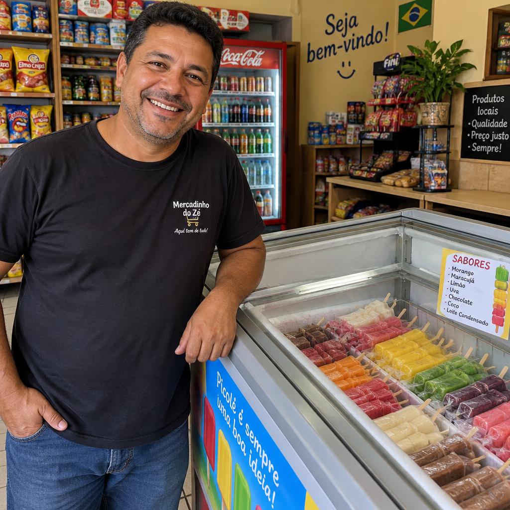 Comerciante sorrindo ao lado de um freezer cheio de picolés